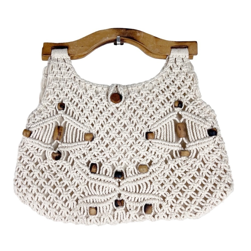 Macramé Ivory Handbag with wooden handles and beading | Bohemian